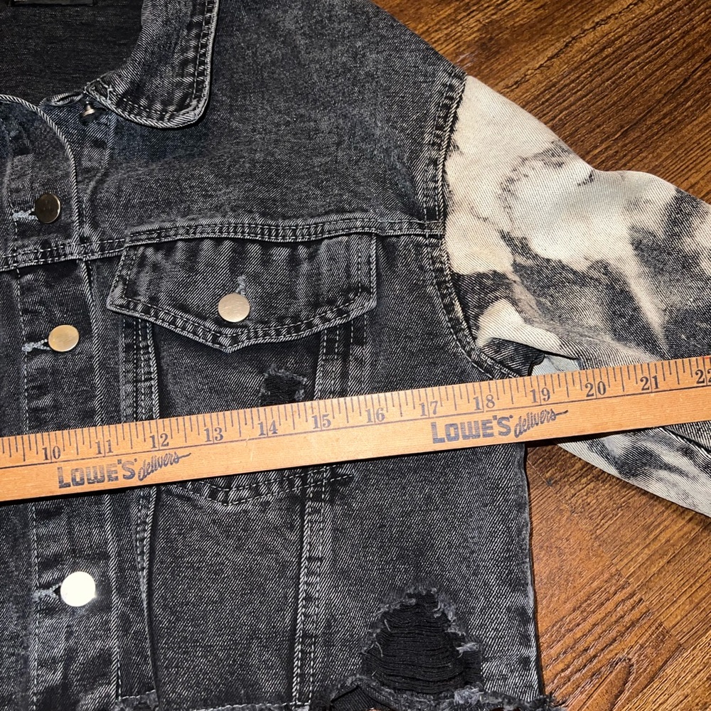 Black Distressed Punk Gray Acid Wash Sleeves Crop Moto Button Up Jacket Size S - Picture 10 of 12